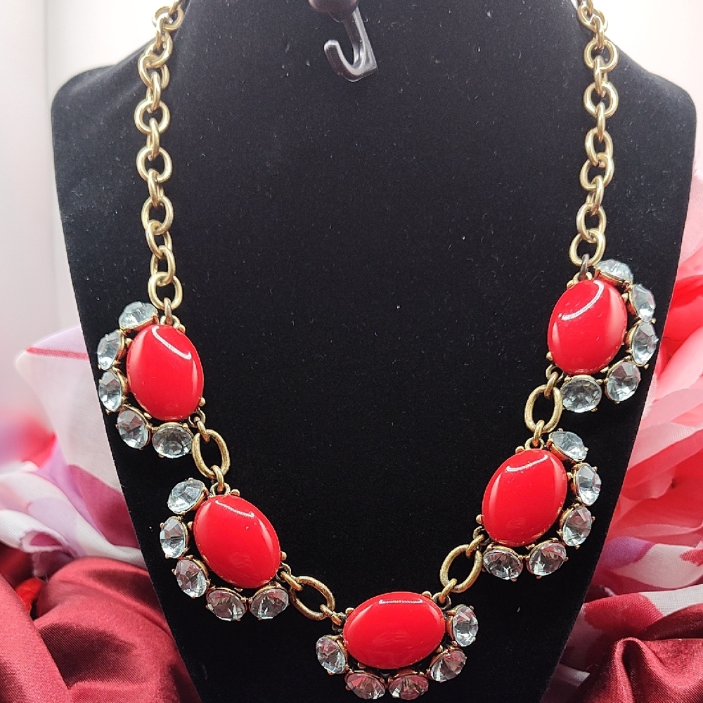 Vintage Stella And Dot Large Red Cavachons With Large Rhinestones Gold Tone